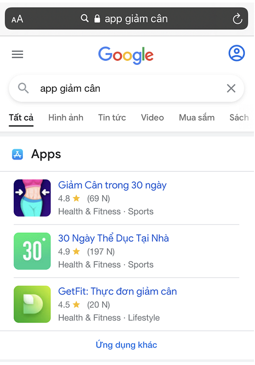 Search App mobile giảm cân