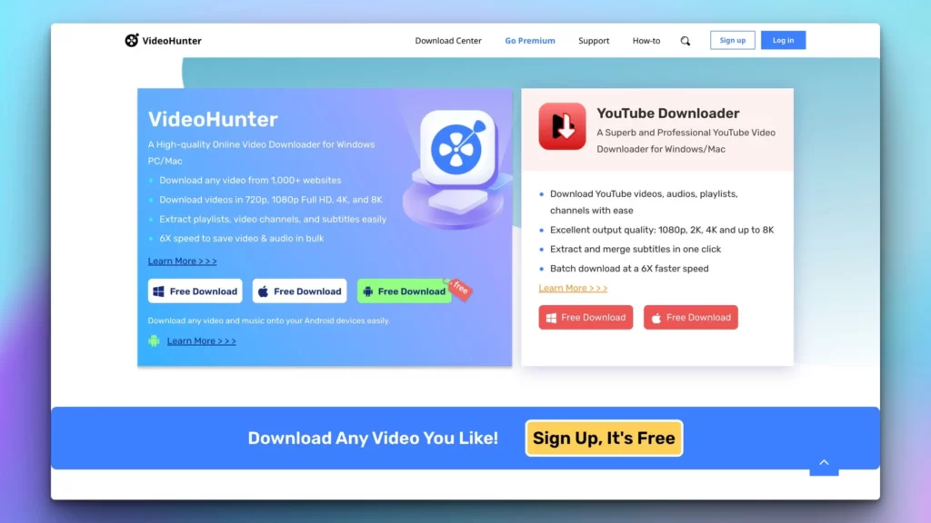videohunter video downloader app homepage
