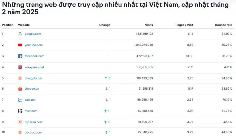 Top 20 website có lượt truy cập nhiều nhất Việt Nam 2025