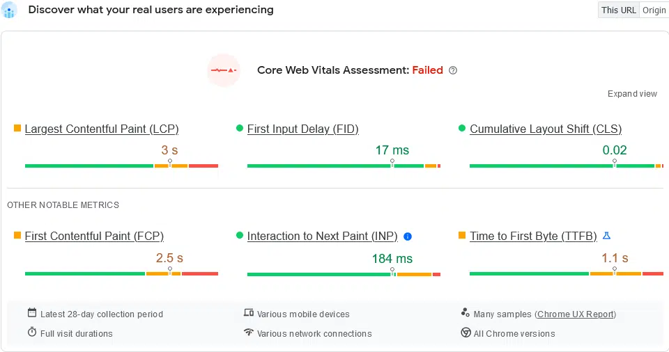 Google Pagespeed Insights tool with data