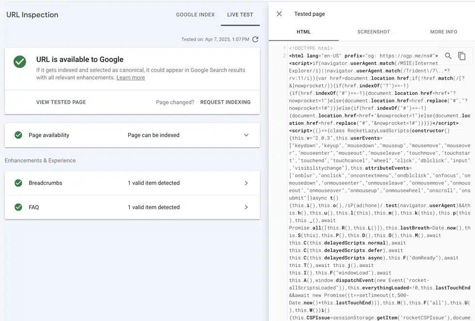 live test google search console