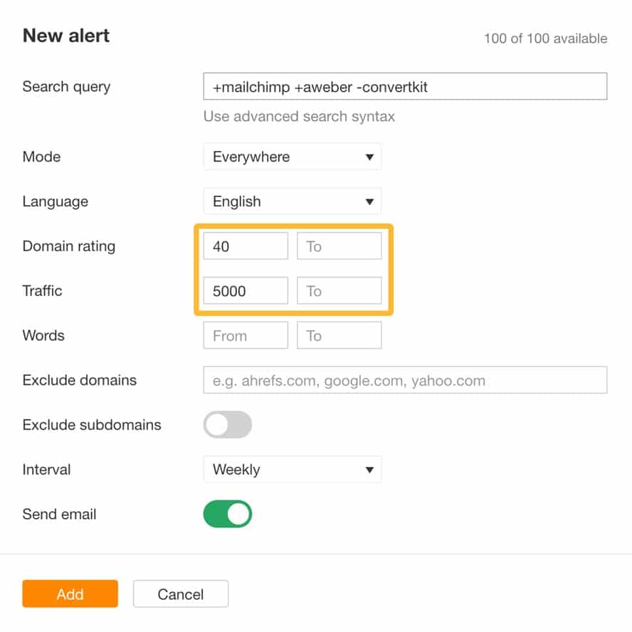 setting up ahrefs alerts using domain rating and t
