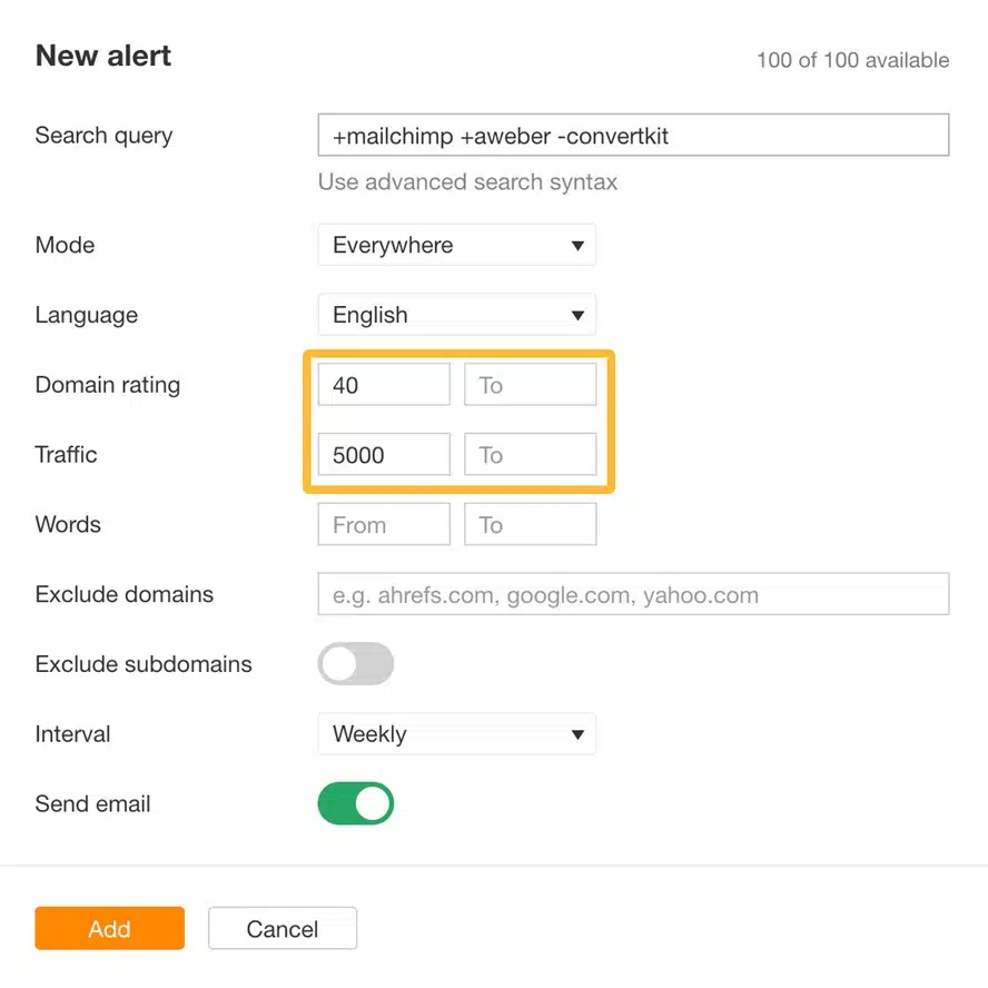 setting up ahrefs alerts using domain rating and t
