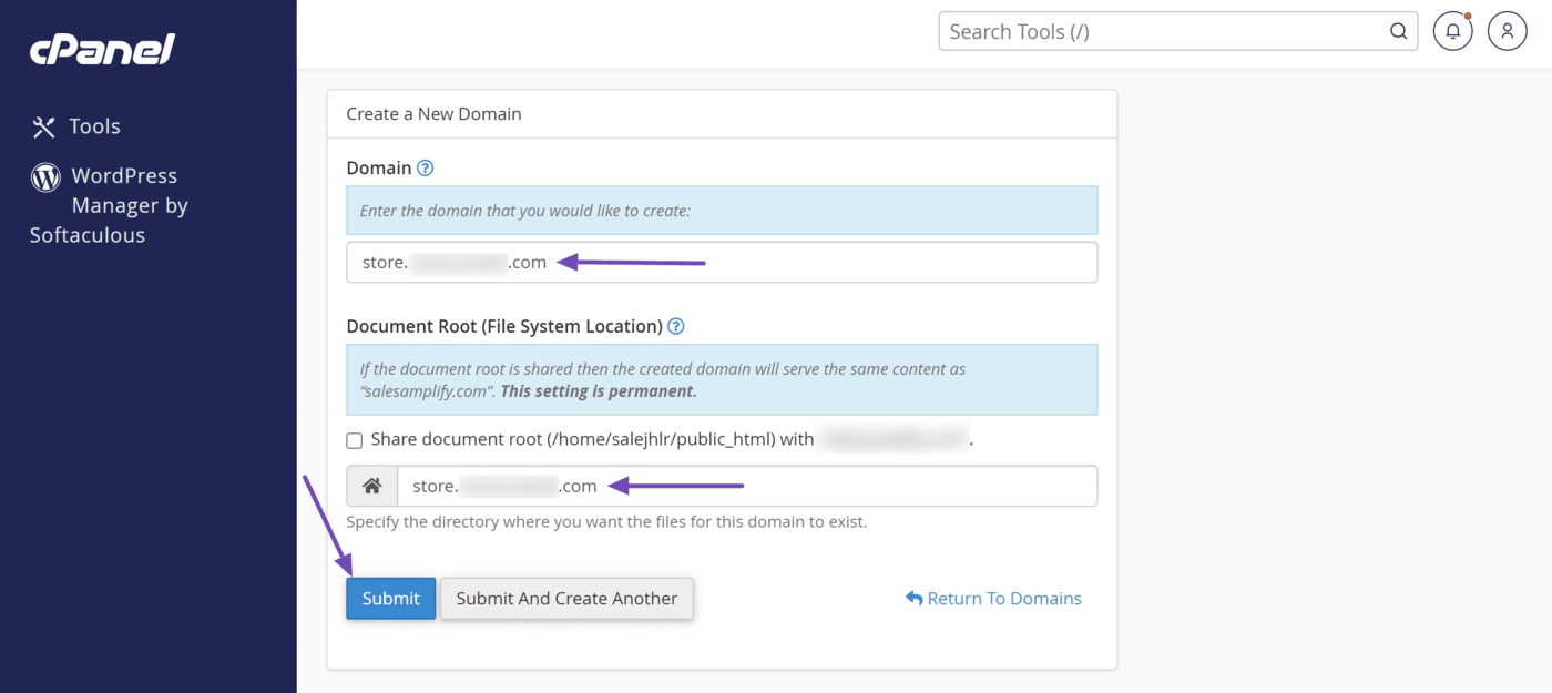 subdomain URL and specify a directory for it