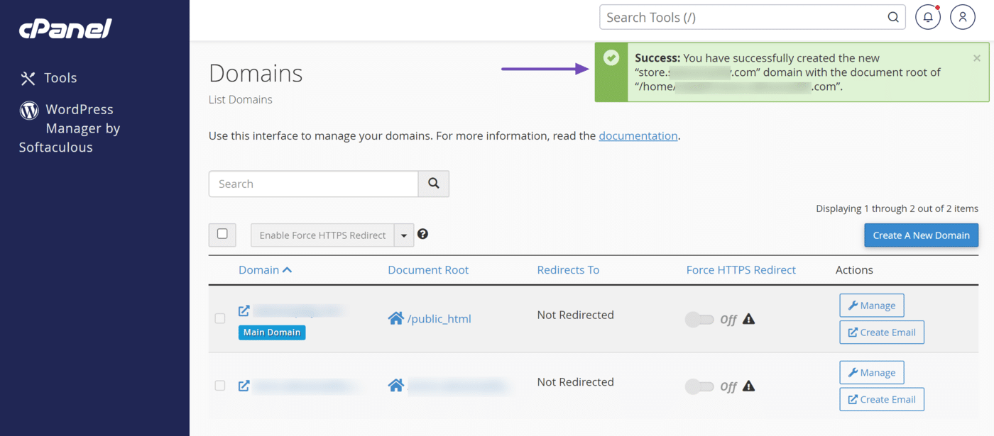 success notification indicating you have created your subdomain
