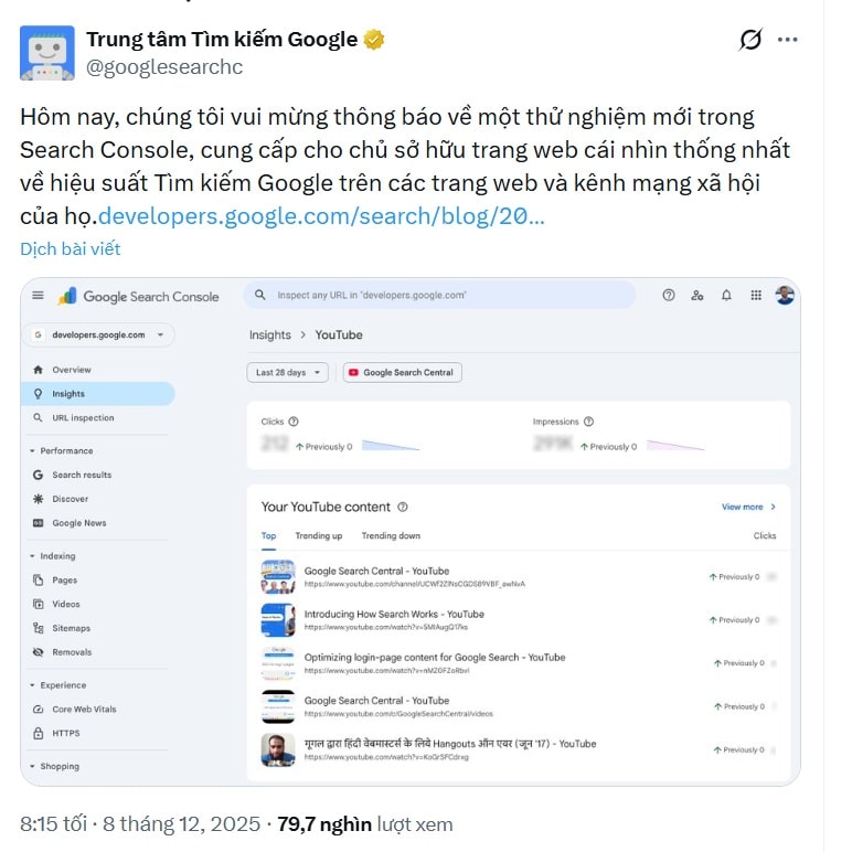 Google Search Console Insights tích hợp báo cáo mạng xã hội 4 insights google report